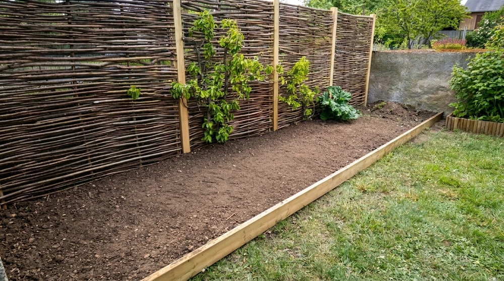 Jardin aménagé avec une bordure en bois de pin traité délimitant une plate-bande fraîchement travaillée