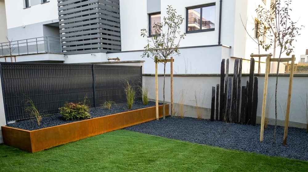Jardin privatif moderne en extérieur, aménagé entre des bâtiments résidentiels contemporains
