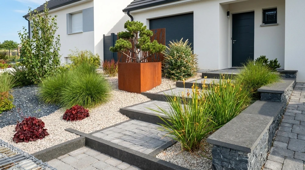 Jardin de façade contemporain, sans personnage
