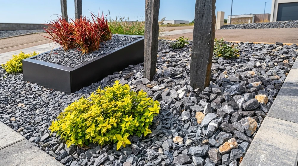 Aménagement paysager moderne extérieur, jardinière rectangulaire en métal anthracite avec graminées rouges (*Imperata cylindrica*), arbustes dorés (*Spiraea*), poteaux en bois brut