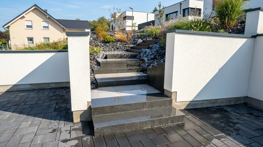 Escalier extérieur en granit poli gris anthracite, intégré dans un aménagement paysager en pente
