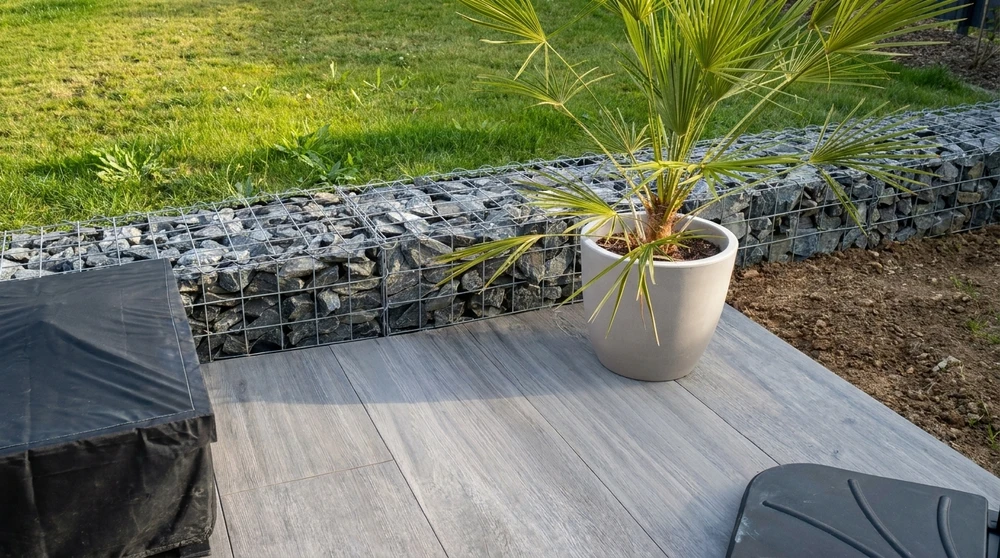 Terrasse extérieure moderne avec dallage en grès cérame imitation bois gris