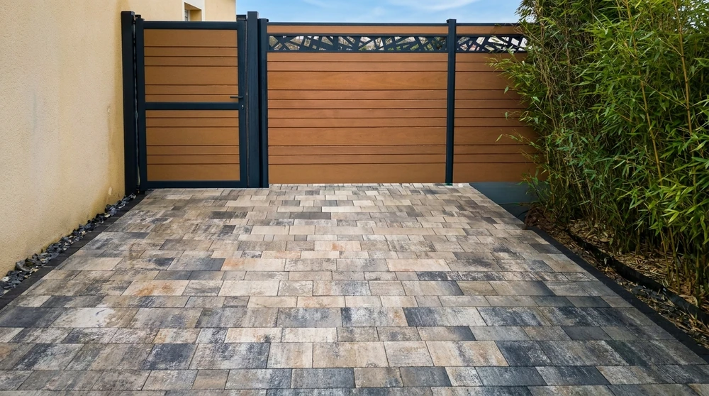 Allée de maison avec dallage en pavés autobloquants multicolores, tons beige, gris et roux, posés en appareil décalé