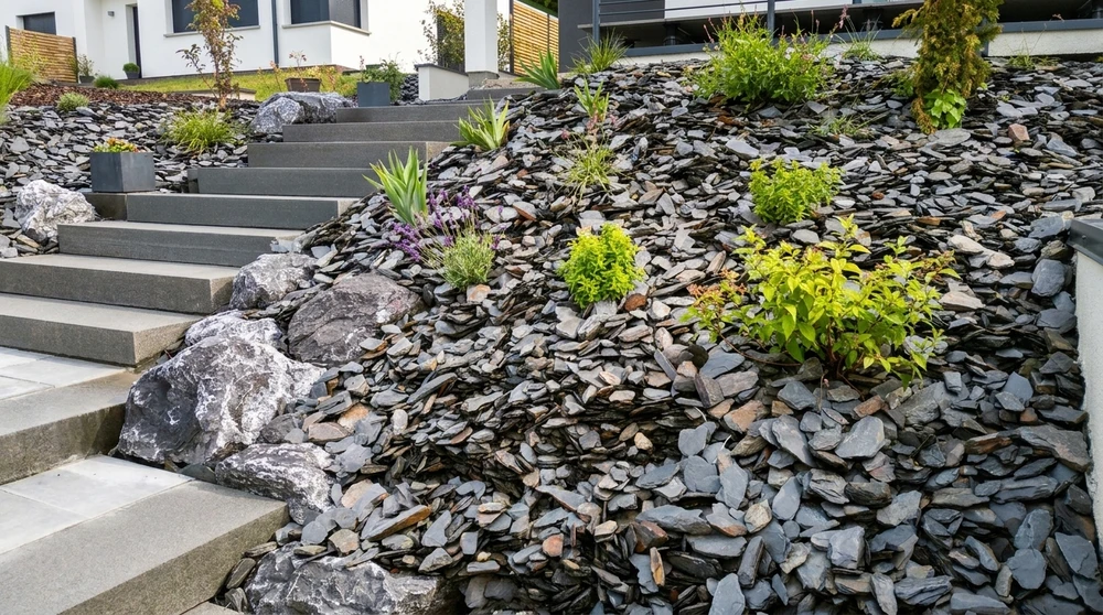 Jardin en pente aménagé avec un massif de galets et dalles d'ardoise grise, parsemé de plantes vivaces et arbustes
