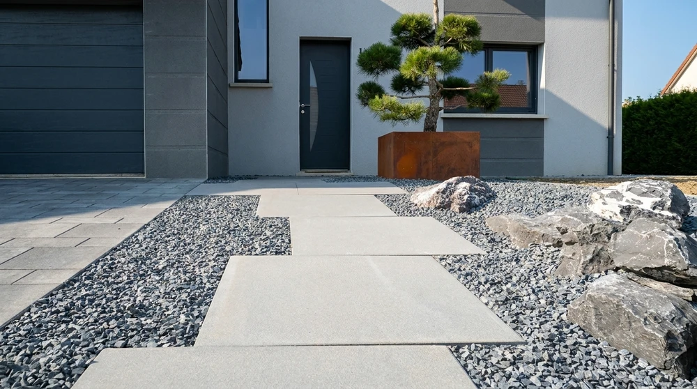 Aménagement paysager moderne d'un jardin minéral en façade de maison contemporaine