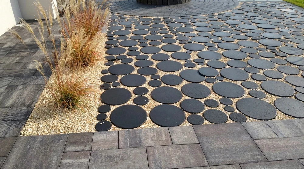 Aménagement paysager extérieur contemporain : massif minéral composé de dalles rondes en béton anthracite, multiples diamètres, posées sur lit de graviers calcaires blancs