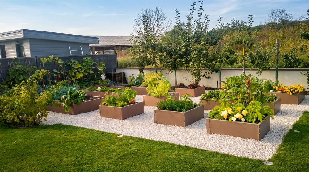 Jardin potager résidentiel aménagé avec carrés potagers surélevés en métal galvanisé brun, disposés sur gravier blanc calcaire