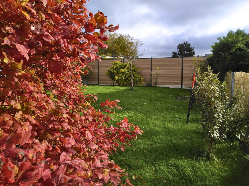 Jardin paysager contemporain avec pergola bioclimatique aluminium anthracite
