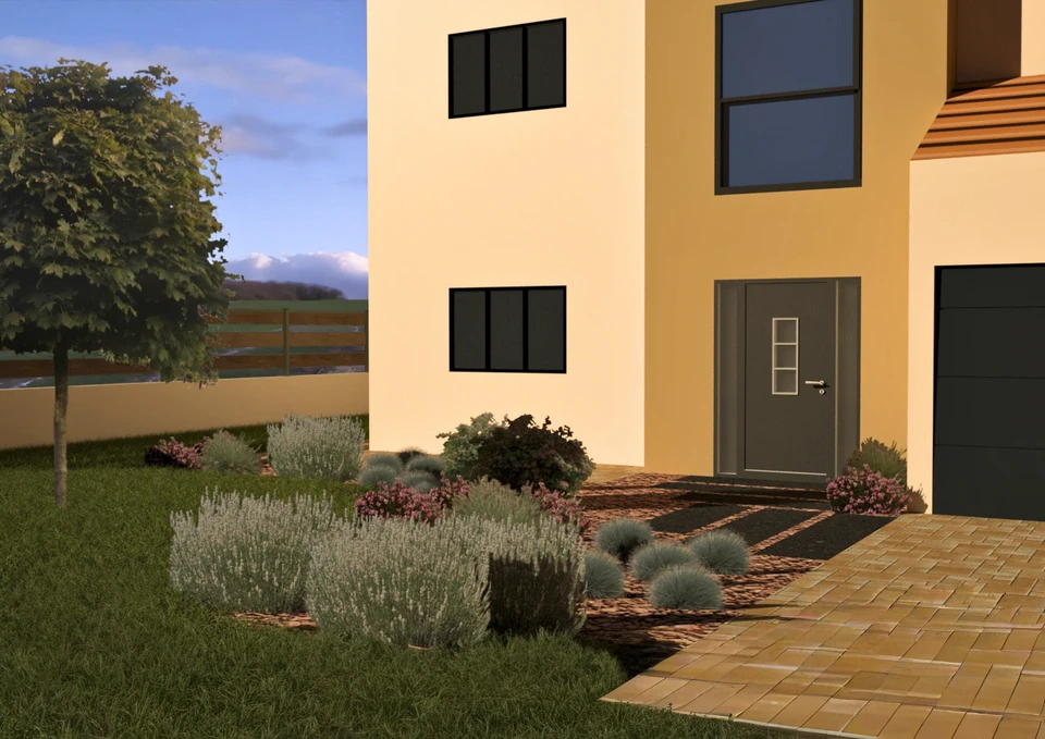 Photographe ou paysagiste consultant un écran d'ordinateur portable ou tablette affichant une visualisation 3D d'un aménagement de jardin. L'écran doit clairement montrer un rendu 3D photorréaliste d'un espace vert aménagé (terrasse, plantations, allées, mobilier de jardin). La scène se déroule en intérieur, dans un cadre professionnel de bureau ou de visite client, avec la personne pointant ou examinant attentivement le projet numérique. Photographie réaliste de qualité professionnelle.