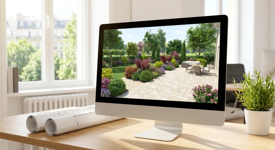 Écran d'ordinateur affichant une visualisation 3D réaliste d'un jardin paysager avec terrasse en pierre, arbustes colorés, arbres et mobilier de jardin, photographié de face pour montrer clairement le rendu 3D professionnel sur l'écran.