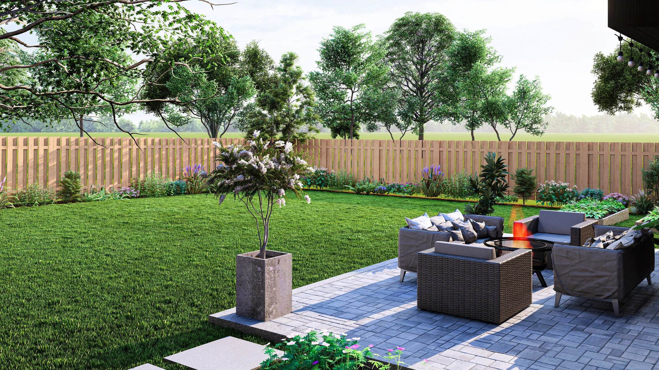 Photographie professionnelle d'un paysagiste présentant un plan 3D d'aménagement paysager sur une tablette ou un écran, debout à côté d'un espace extérieur ou devant un bureau, montrant clairement la visualisation 3D colorée du futur jardin sur l'écran, avec le professionnel expliquant le projet au client. L'arrière-plan montre un espace extérieur réel ou un environnement de travail professionnel.