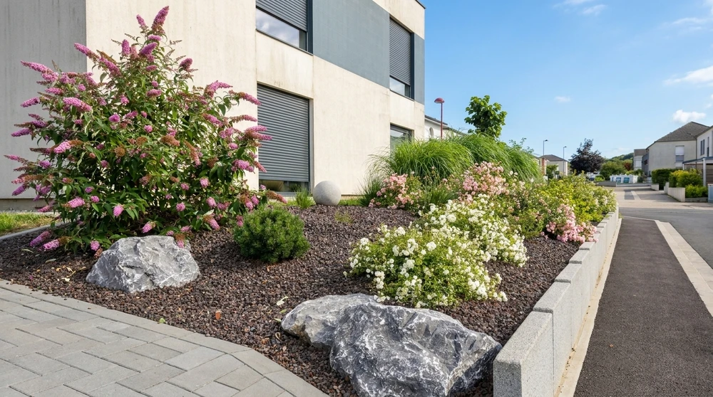 Photographie réelle en extérieur montrant deux paysagistes professionnels travaillant ensemble sur un chantier d'aménagement de jardin. L'un est en train de discuter ou de montrer des plans avec le client tandis que l'autre examine l'espace ou du matériel. Ils sont tous deux vêtus de tenues professionnelles appropriées (vêtements de travail ou tenue paysagiste). L'arrière-plan montre un jardin ou un espace extérieur en cours d'aménagement avec des matériaux paysagers (pierre, bois, plantations) ou des outils de travail. La photo doit transmettre la compétence, la coopération et l'engagement professionnel du binôme.