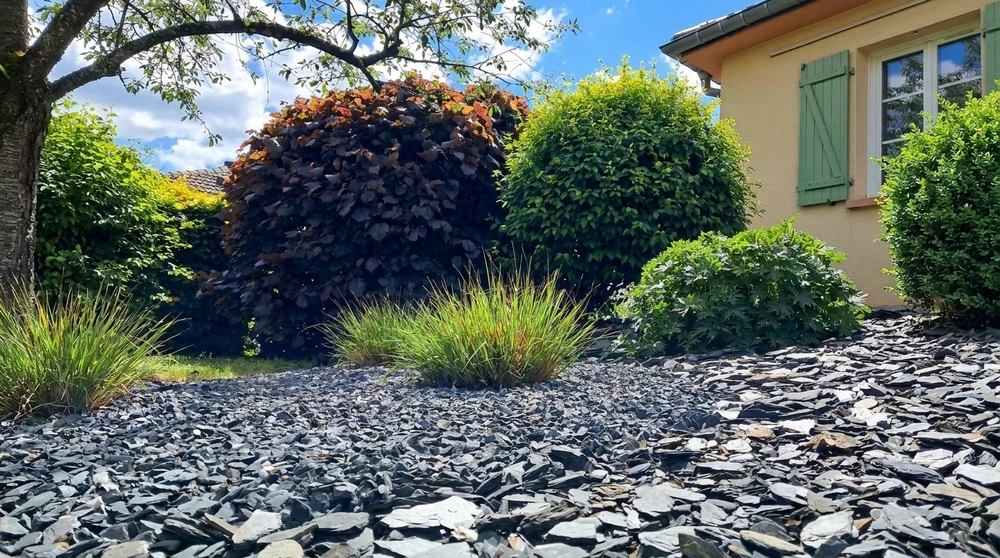 Jardin paysager résidentiel en automne, vue au ras du sol
