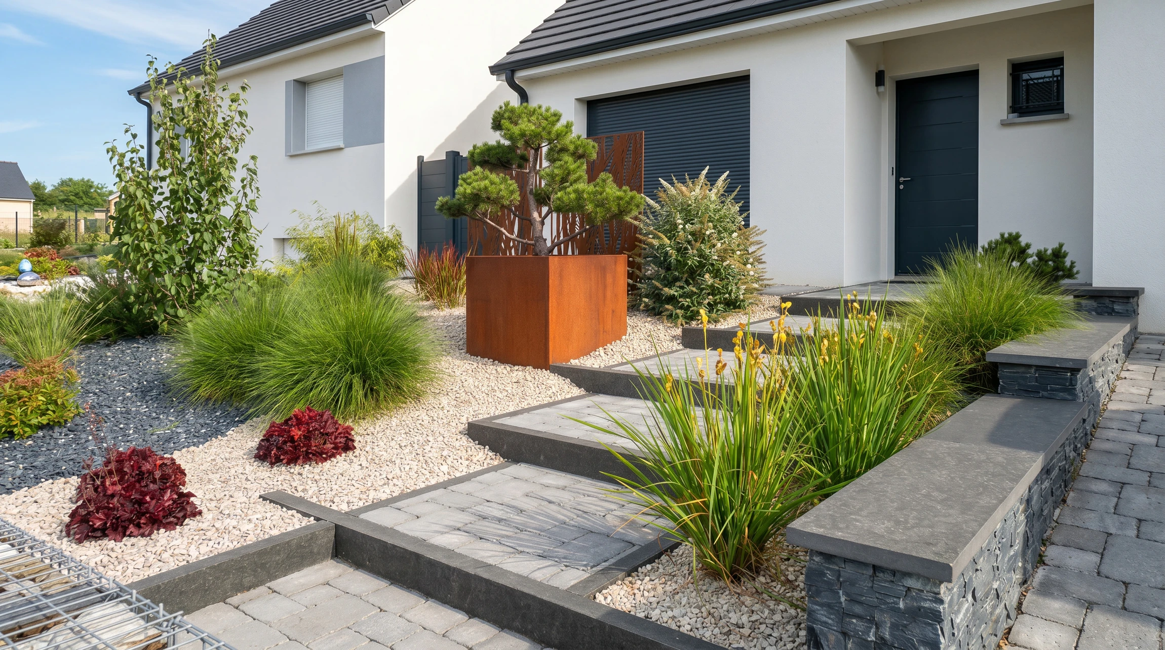 Aménagement paysager d'un jardin résidentiel avec pelouse fraîchement installée, massifs plantés de végétaux d'ornement et paillis sombre
