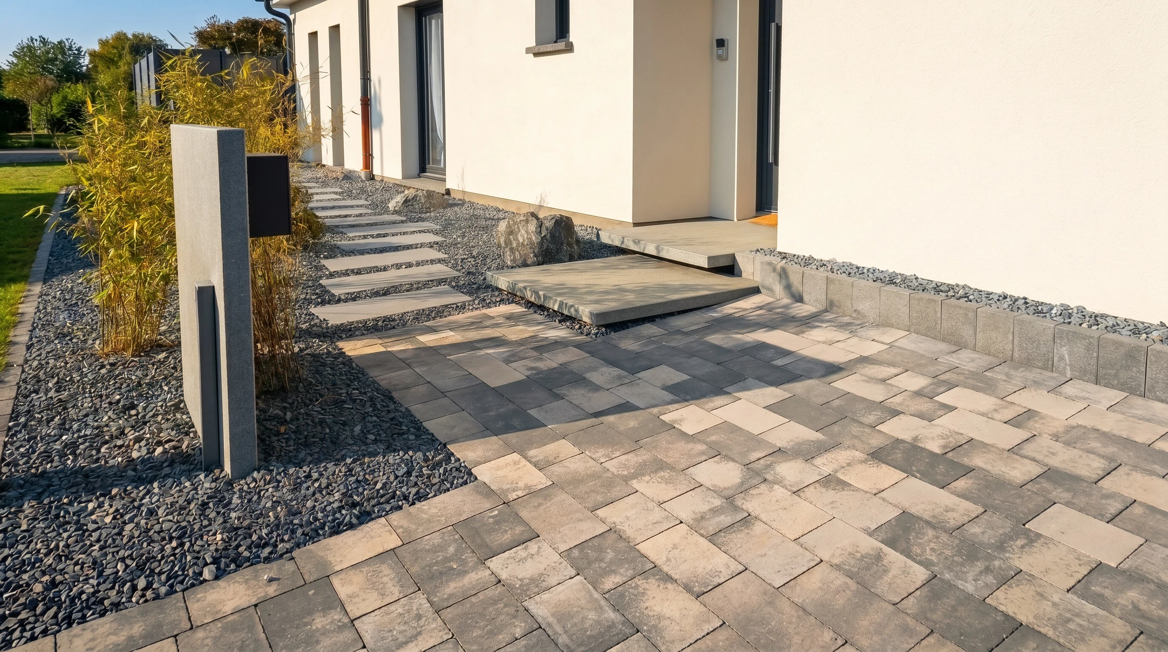 Aménagement paysager extérieur avec allée pavée en béton délimitée par bordures blanches préfabriquées